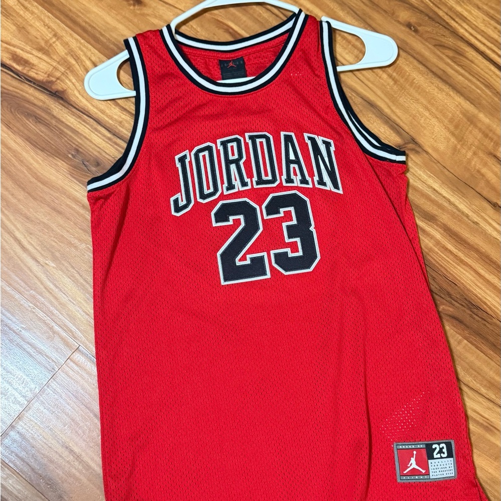 Kids L - Jordan Red Mesh Basketball Jersey with 23 Patch